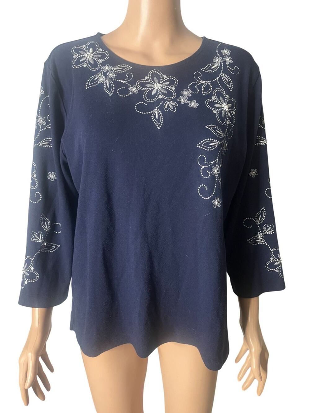 Alfred Dunner Navy Blue Floral Beaded Embellished 3/4 Sleeve Top Large